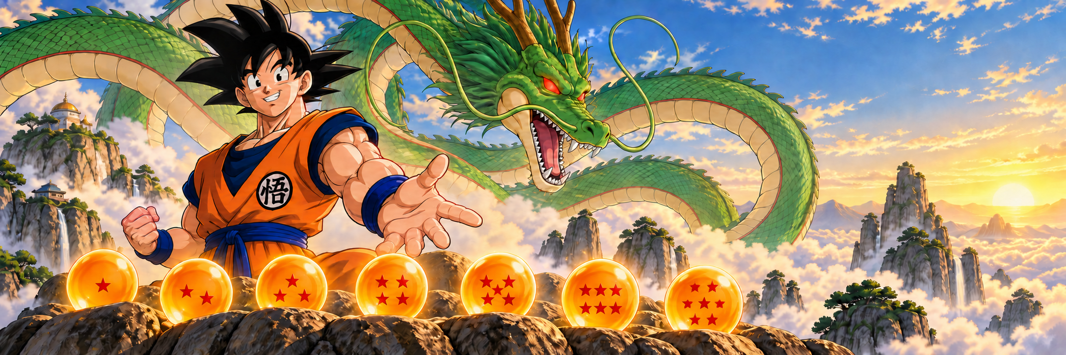 Goku and Shenron with the seven Dragon Balls