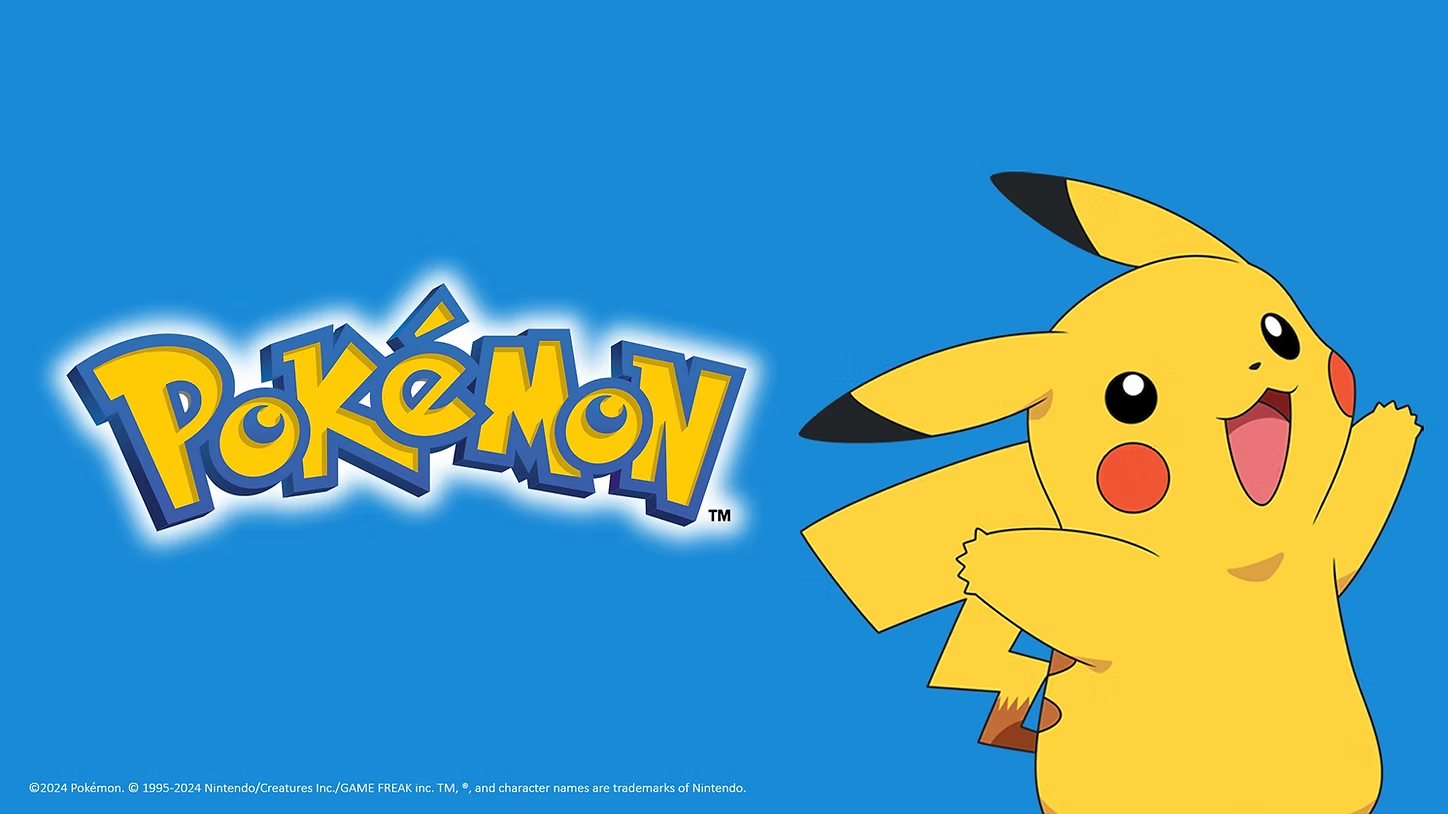Pokémon logo and Pikachu on a blue background